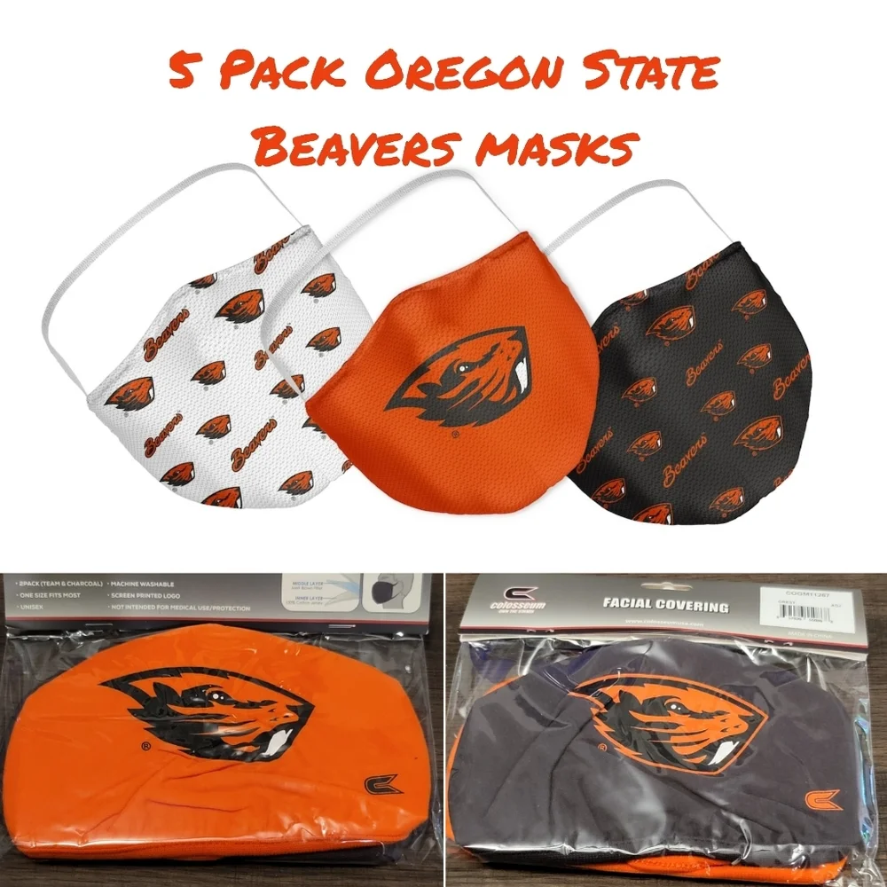 5 Pack Oregon State Beavers Face Mask Covering Adult OSFA New & Sealed
